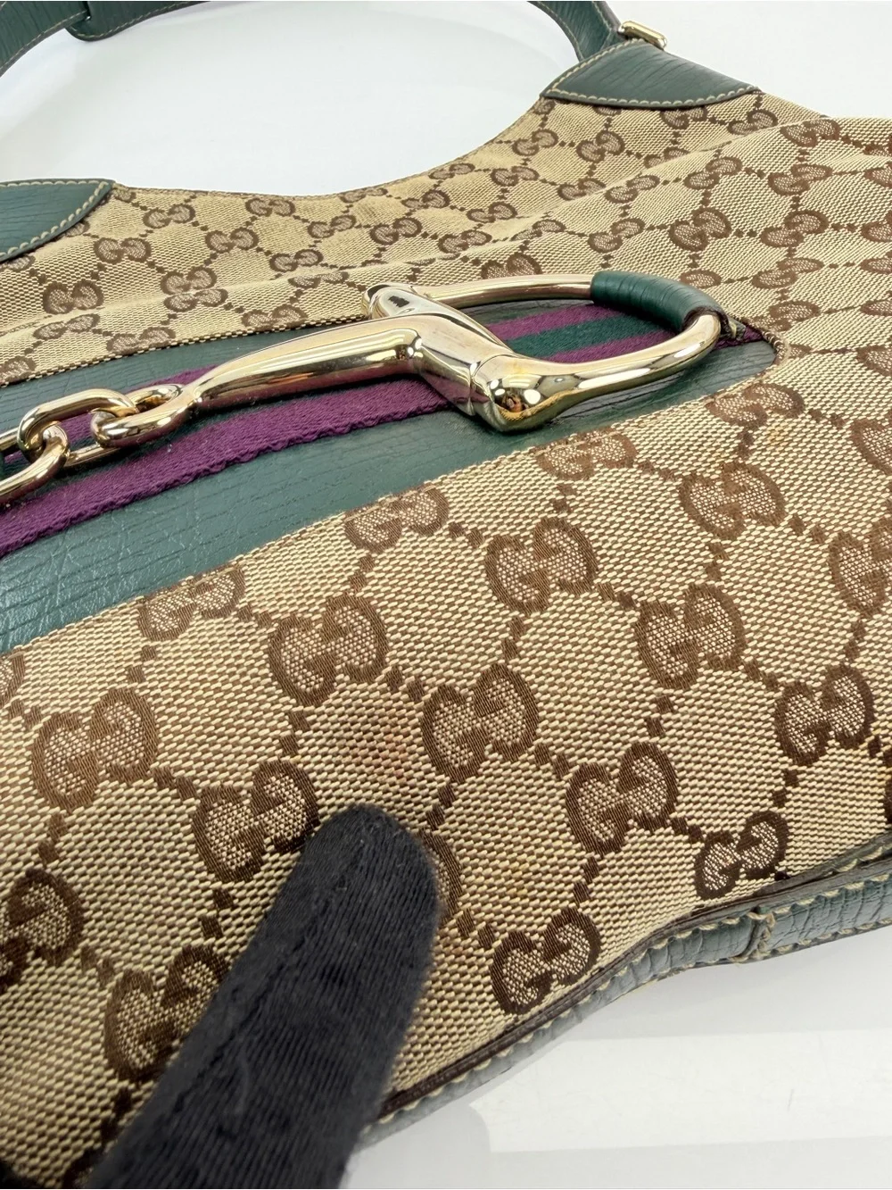 Gucci Beige/Ebony GG Canvas Green Leather Horsebit Hobo Bag